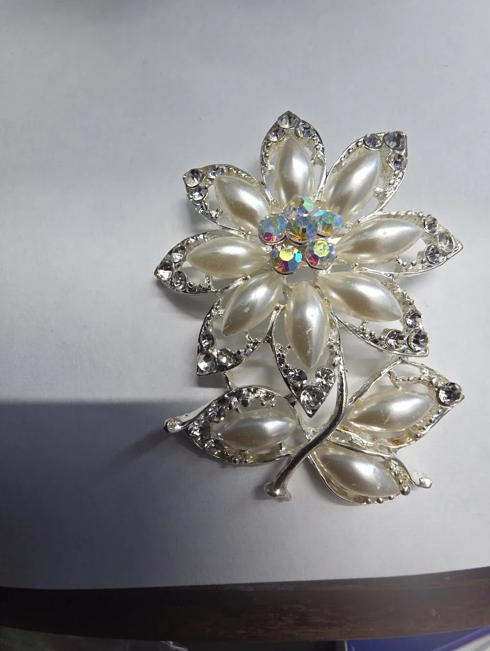 Pearl and Crystal Floral Brooch - Ivory